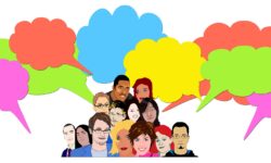 Cartoon mit Menschengruppe und Sprechblasen